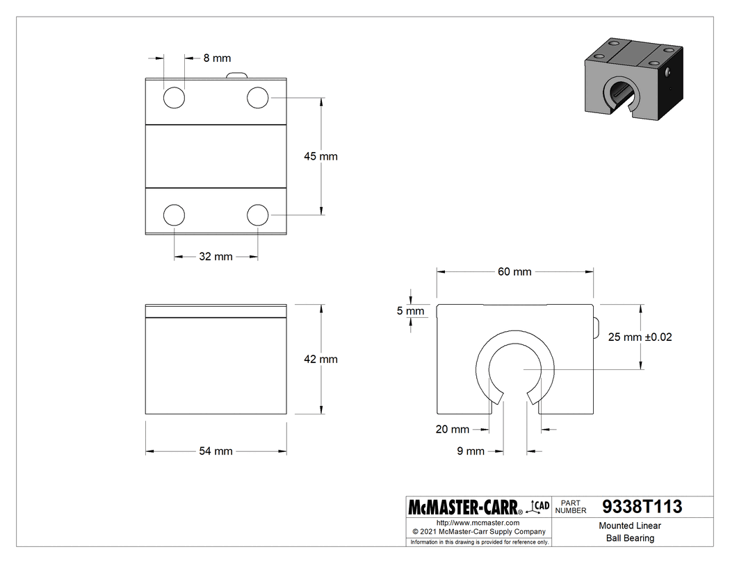 Technical Drawing of Mounted Ball Linear Bearing, for Support Rail Shafts, for 20 mm Diameter, 54 mm Long.